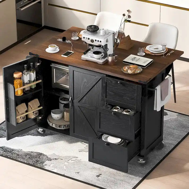 Farmhouse Rolling Kitchen Island with Drop Leaf