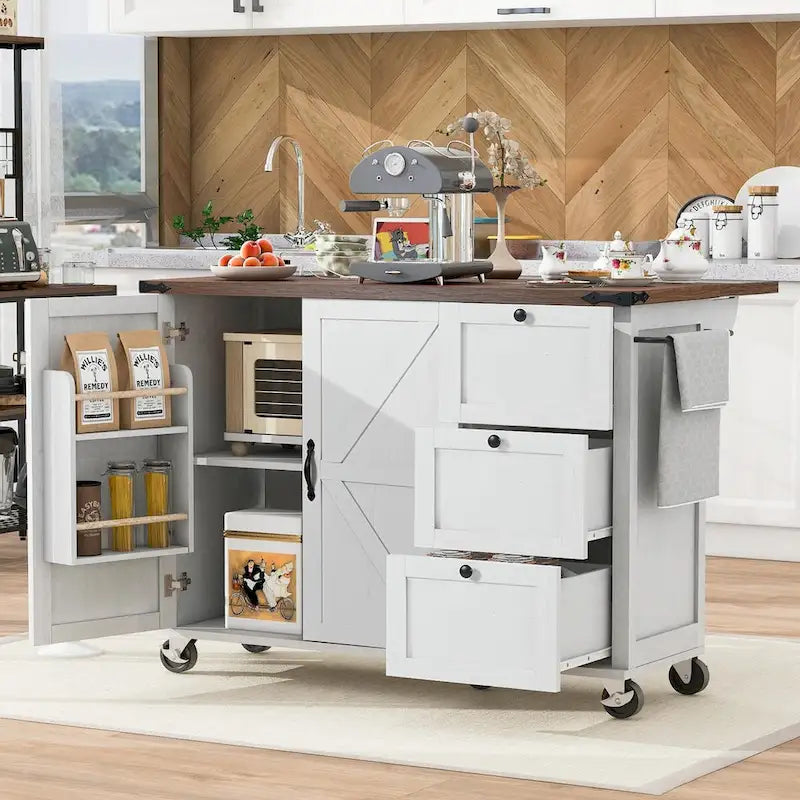 Farmhouse Rolling Kitchen Island with Drop Leaf