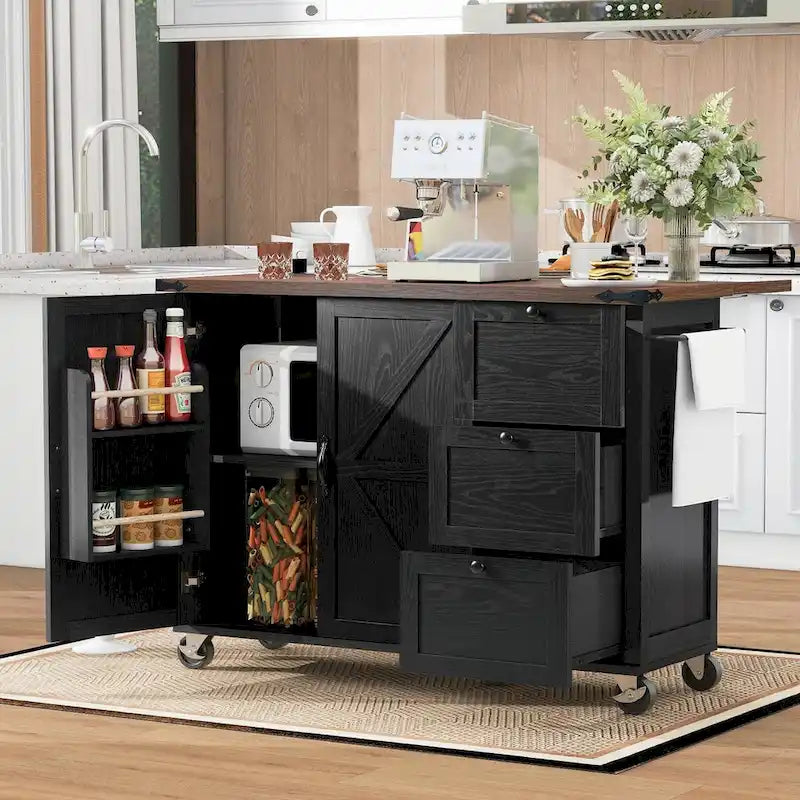 Farmhouse Rolling Kitchen Island with Drop Leaf