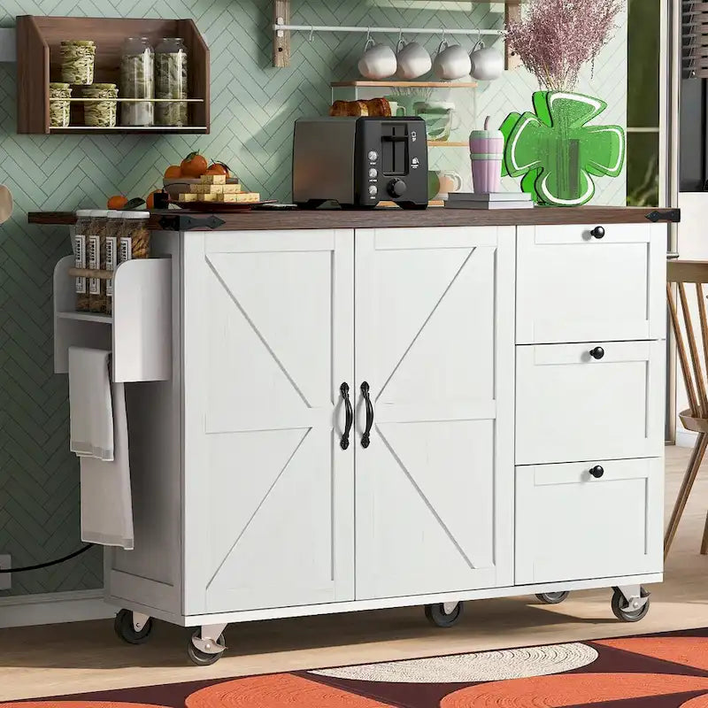 Farmhouse Rolling Kitchen Island with Drop Leaf