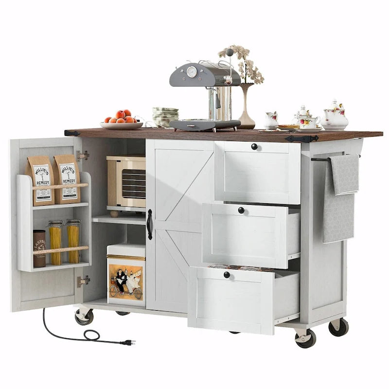 Farmhouse Rolling Kitchen Island with Drop Leaf