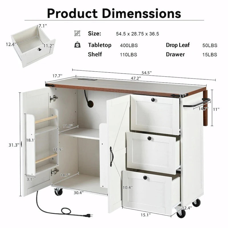Farmhouse Rolling Kitchen Island with Drop Leaf