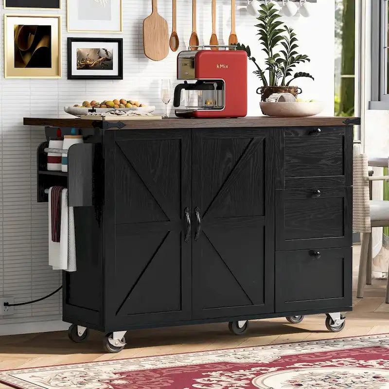 Farmhouse Rolling Kitchen Island with Drop Leaf