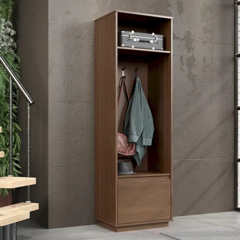 Mid-Century Modern Hall Tree with 3 Hooks, Shelf & Soft-Close Drawer