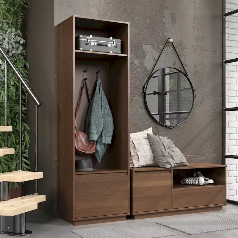 Mid-Century Modern Hall Tree with 3 Hooks, Shelf & Soft-Close Drawer