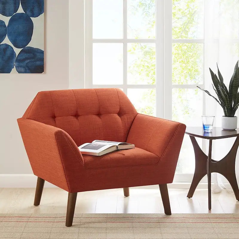 Mid-Century Modern Tufted Lounge Accent Chair with Tapered Wood Legs, Multiple Colors