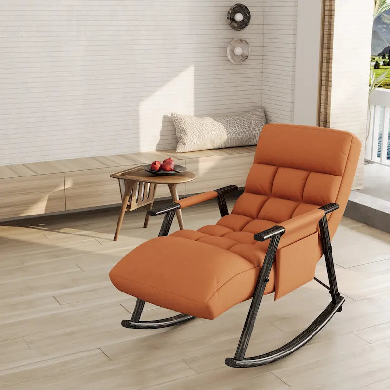 Folding Lounge Rocking Chair with Adjustable High Back, Footrest & Side Pockets