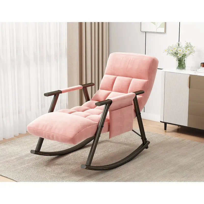 Folding Lounge Rocking Chair with Adjustable High Back, Footrest & Side Pockets