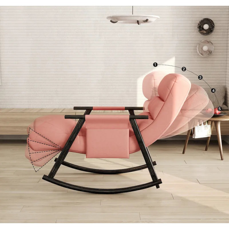 Folding Lounge Rocking Chair with Adjustable High Back, Footrest & Side Pockets