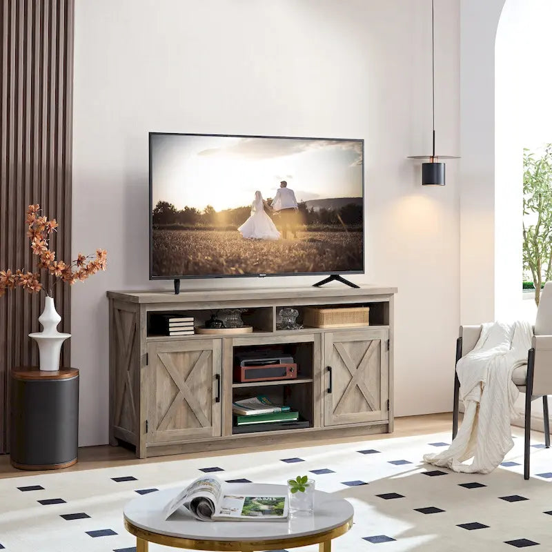 Farmhouse Barn Door TV Stand with Open & Closed Storage — Fits TVs up to 65"