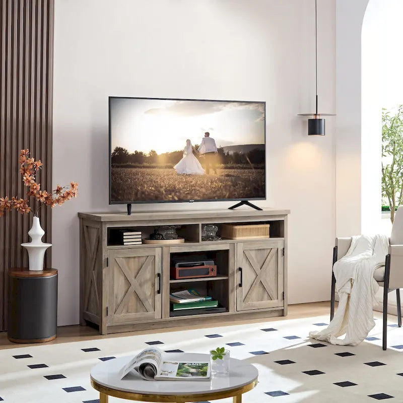 Farmhouse Barn door TV Media Stand Entertainment Console for TV Up to 65 with Open and Closed Storage Space