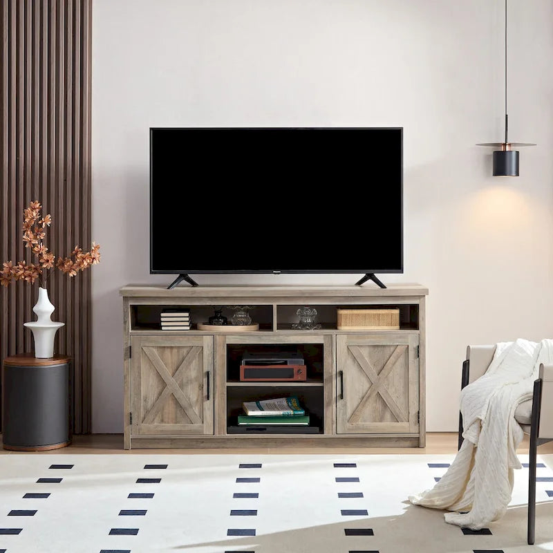 Farmhouse Barn Door TV Stand with Open & Closed Storage — Fits TVs up to 65"