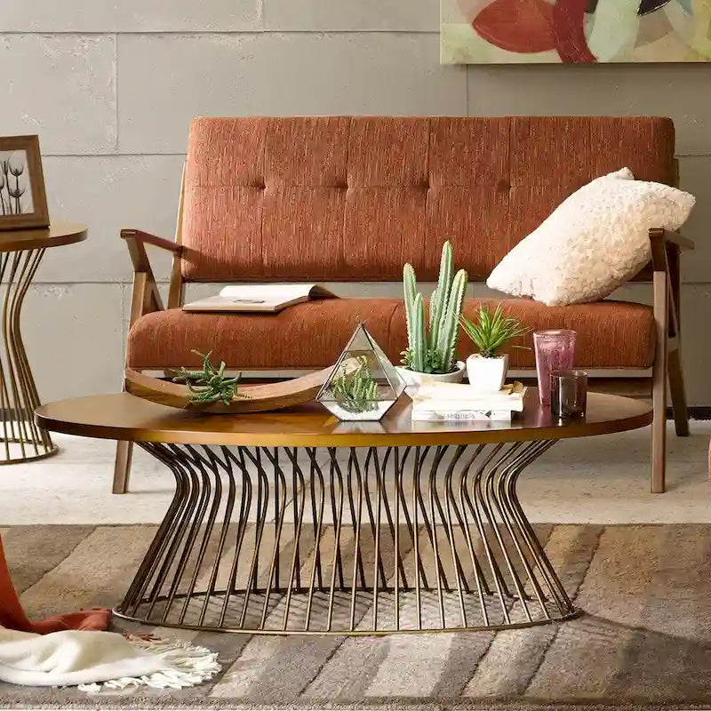 Mid-Century Modern Coffee Table with Golden Bronze Top & Wire Metal Frame