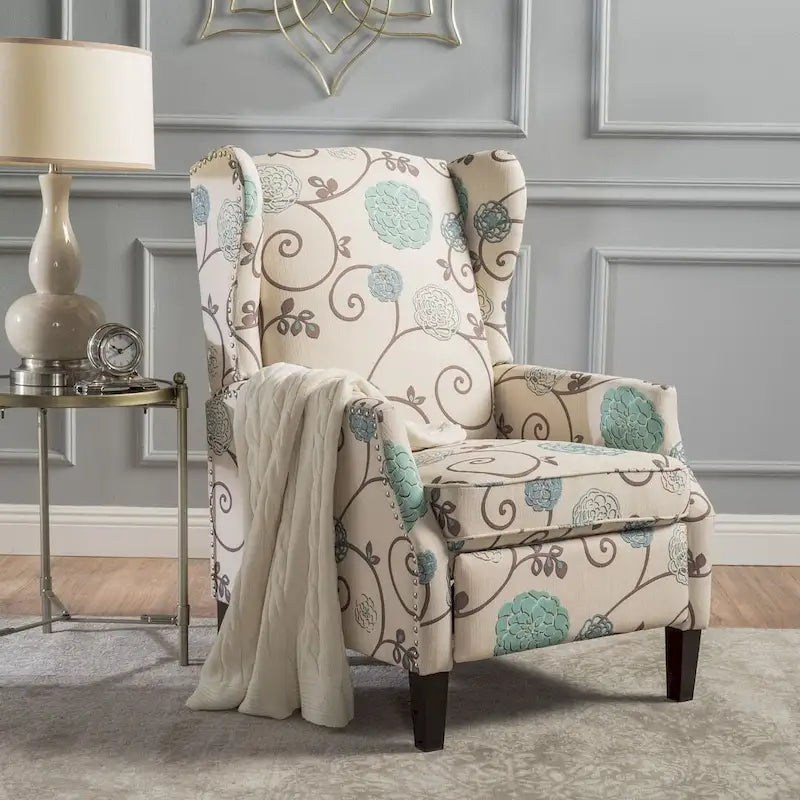 Traditional Wingback Fabric Recliner Chair with Studded Border & Padded Cushion