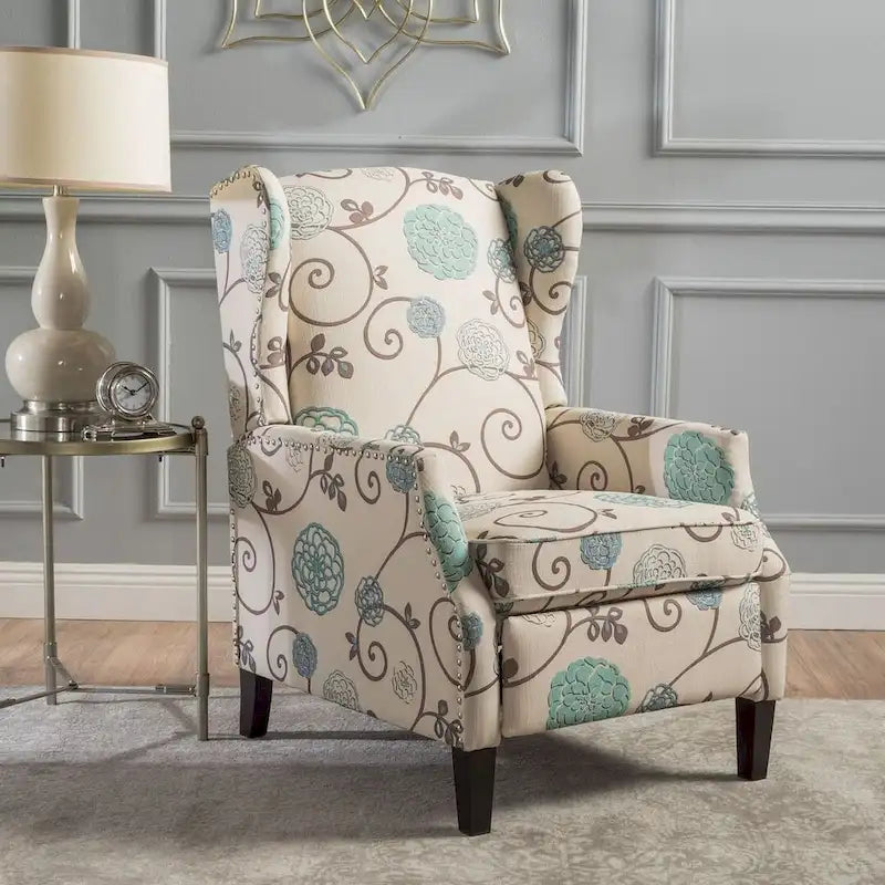 Traditional Wingback Fabric Recliner Chair with Studded Border & Padded Cushion