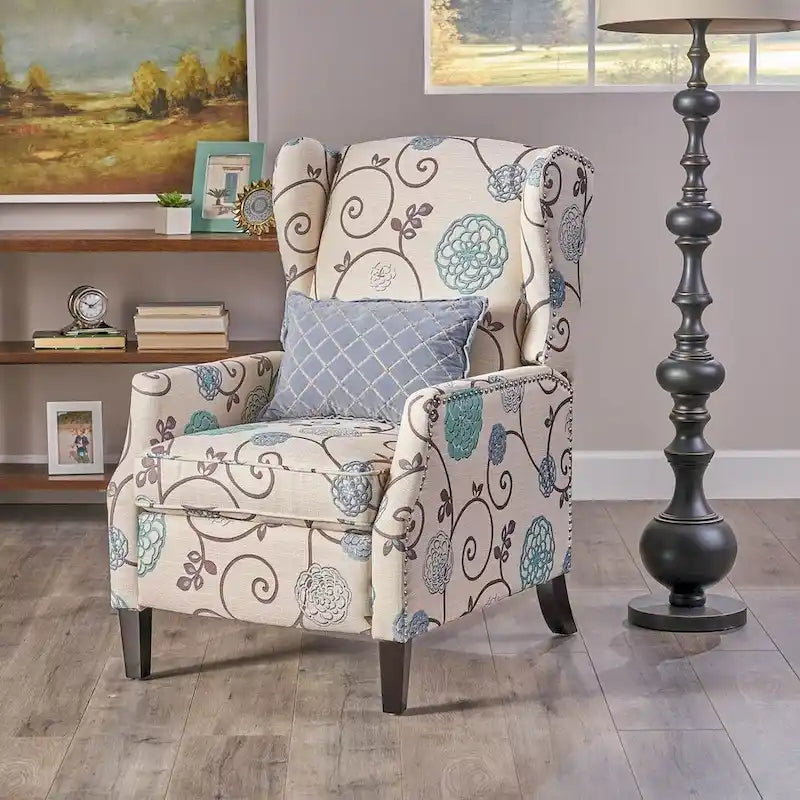 Traditional Wingback Fabric Recliner Chair with Studded Border & Padded Cushion