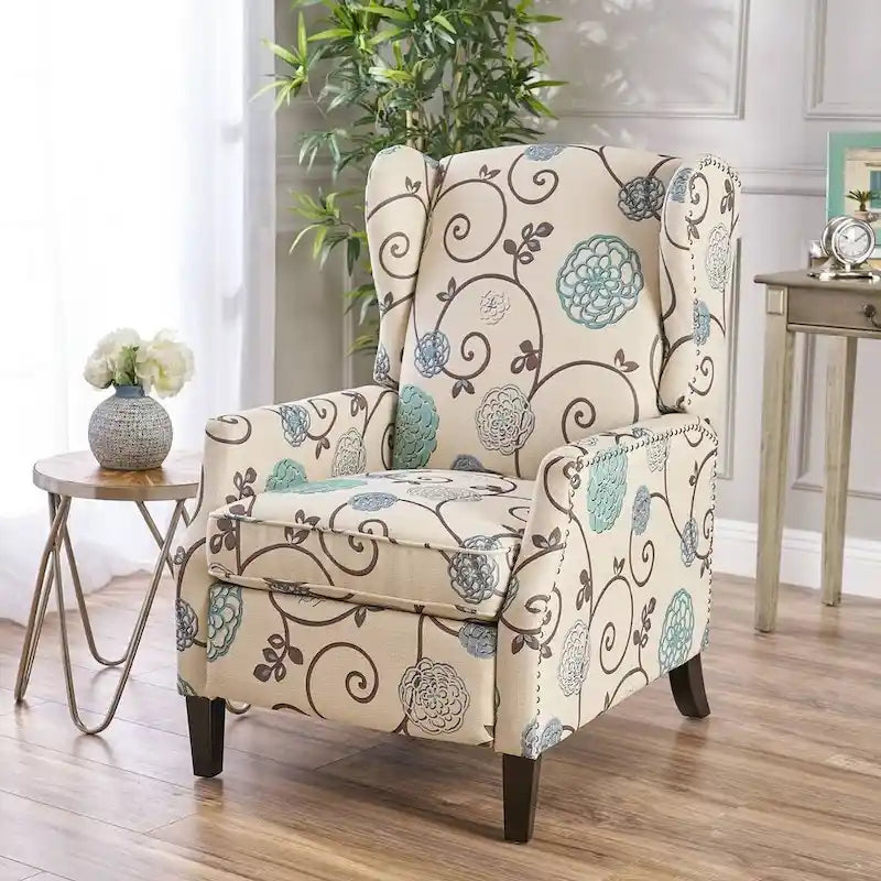 Traditional Wingback Fabric Recliner Chair with Studded Border & Padded Cushion