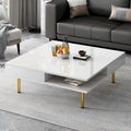 Square High Gloss Coffee Table with 2 Drawers & Gold Legs