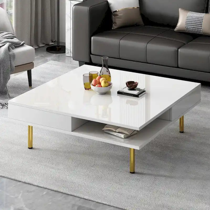 Square High Gloss Coffee Table with 2 Drawers & Gold Legs