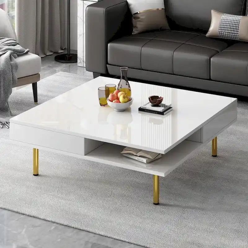 Square High Gloss Coffee Table with 2 Drawers & Gold Legs
