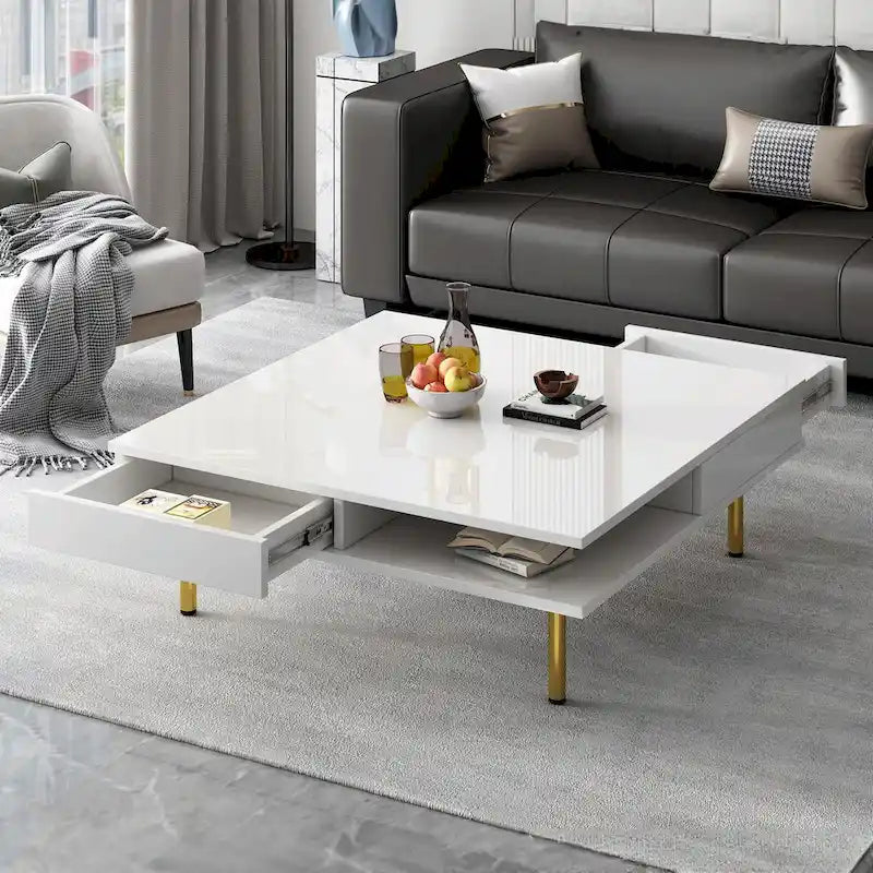 Square High Gloss Coffee Table with 2 Drawers & Gold Legs