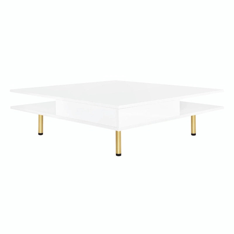 Square High Gloss Coffee Table with 2 Drawers & Gold Legs