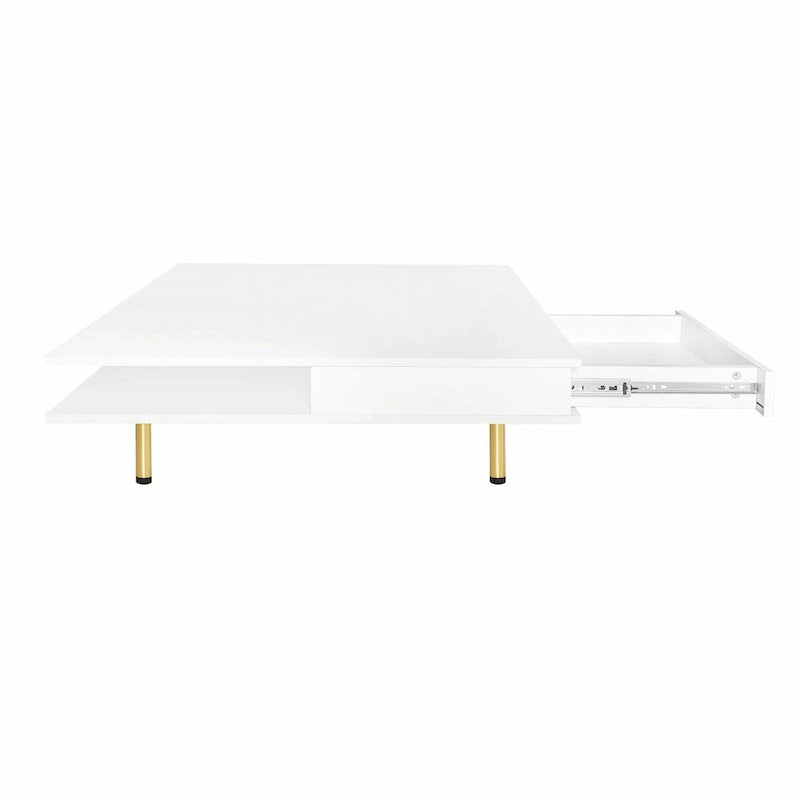 Square High Gloss Coffee Table with 2 Drawers & Gold Legs