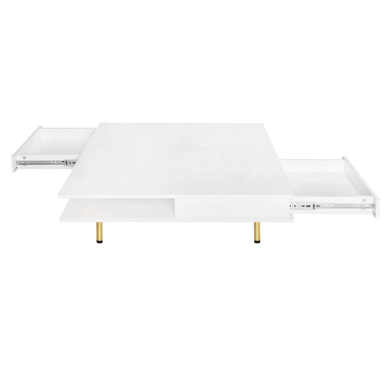 Square High Gloss Coffee Table with 2 Drawers & Gold Legs