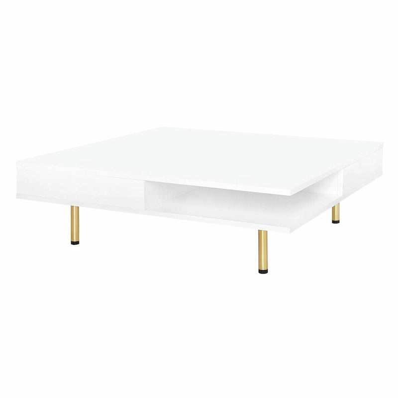 Square High Gloss Coffee Table with 2 Drawers & Gold Legs
