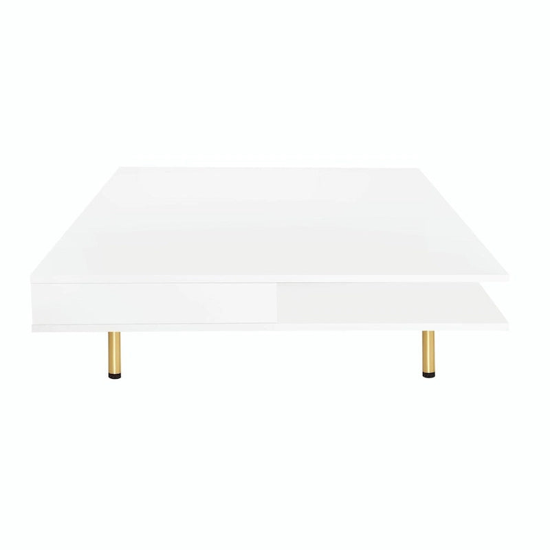 Square High Gloss Coffee Table with 2 Drawers & Gold Legs