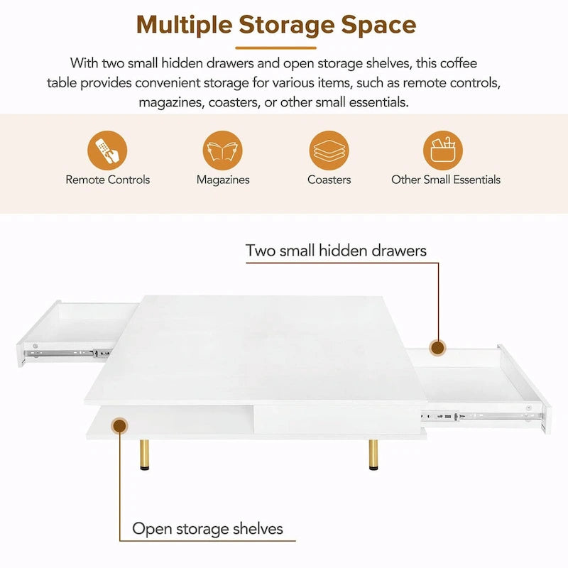 Square High Gloss Coffee Table with 2 Drawers & Gold Legs