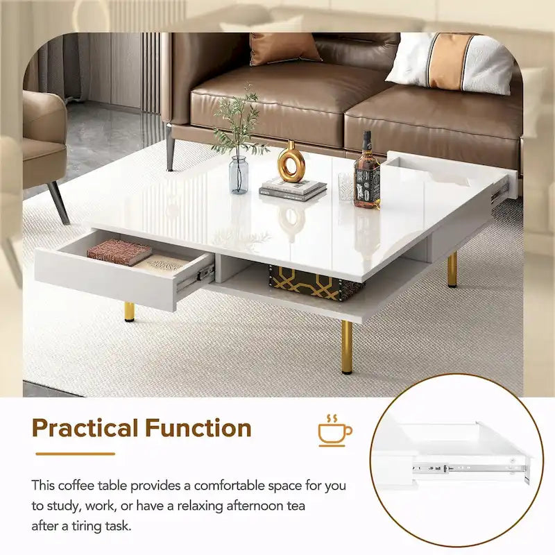 Square High Gloss Coffee Table with 2 Drawers & Gold Legs