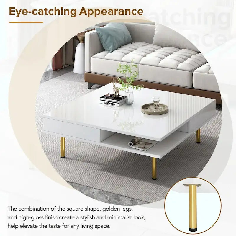 Square High Gloss Coffee Table with 2 Drawers & Gold Legs
