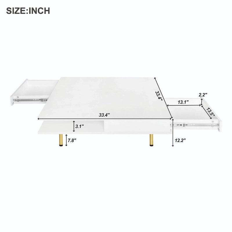 Square High Gloss Coffee Table with 2 Drawers & Gold Legs