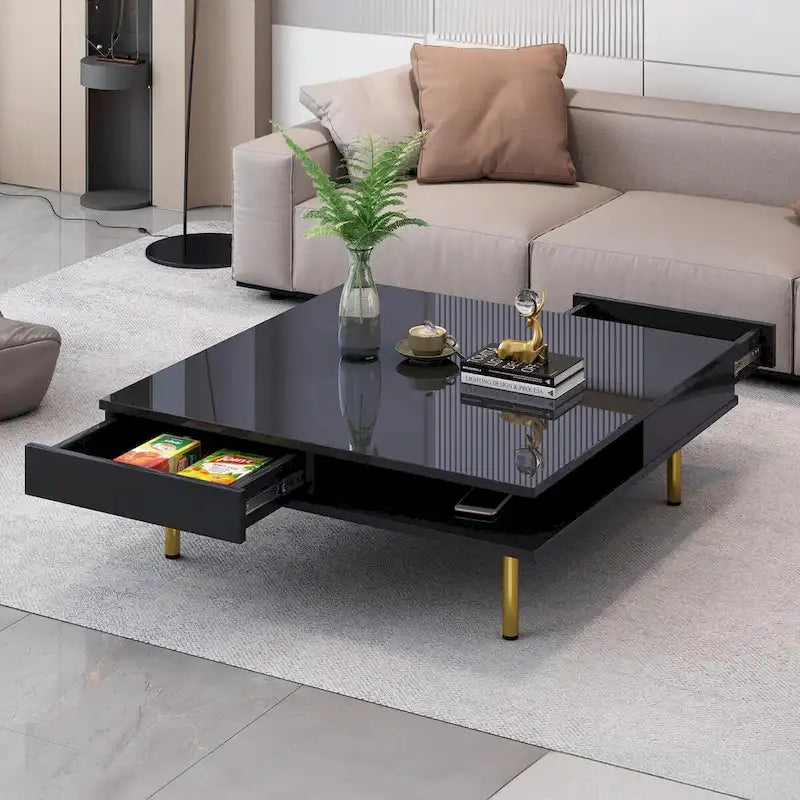 Square High Gloss Coffee Table with 2 Drawers & Gold Legs