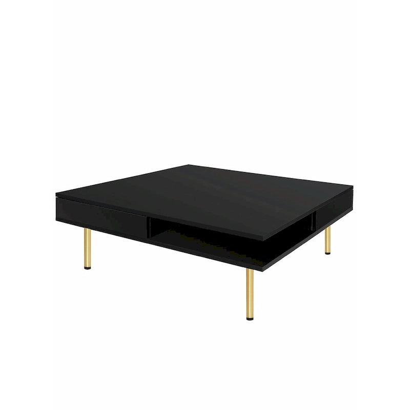 Square High Gloss Coffee Table with 2 Drawers & Gold Legs