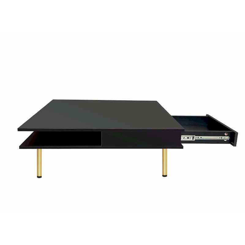 Square High Gloss Coffee Table with 2 Drawers & Gold Legs