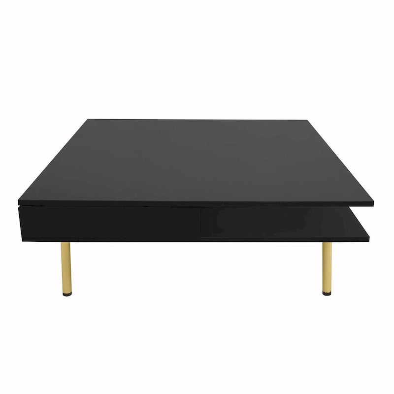 Square High Gloss Coffee Table with 2 Drawers & Gold Legs