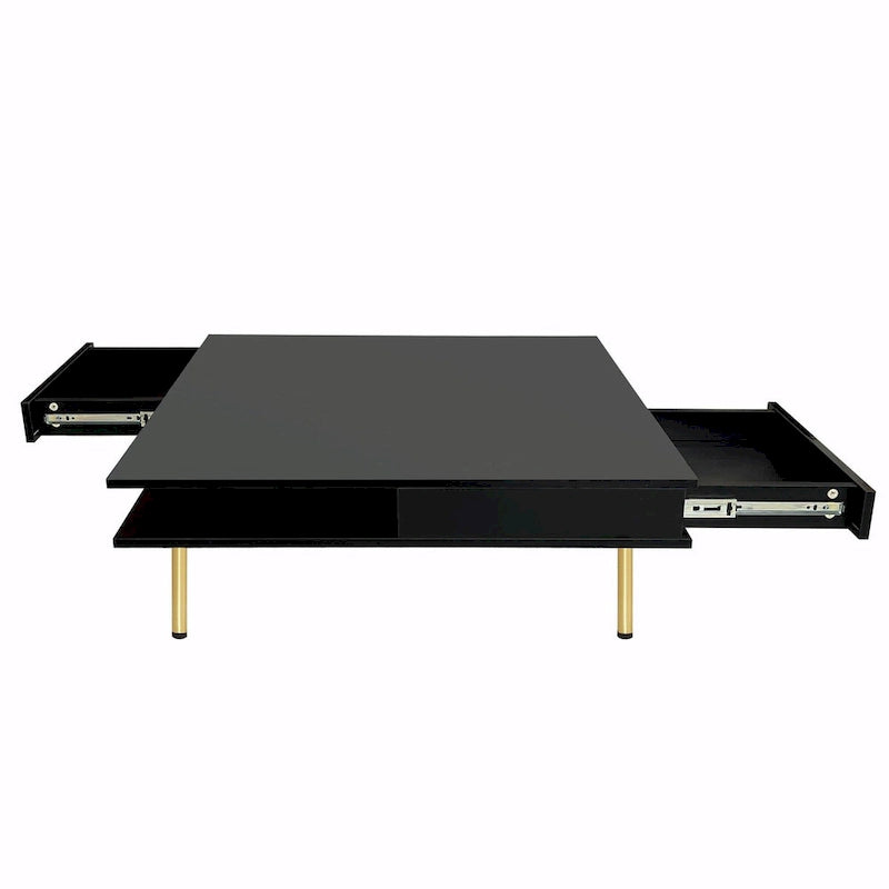 Square High Gloss Coffee Table with 2 Drawers & Gold Legs