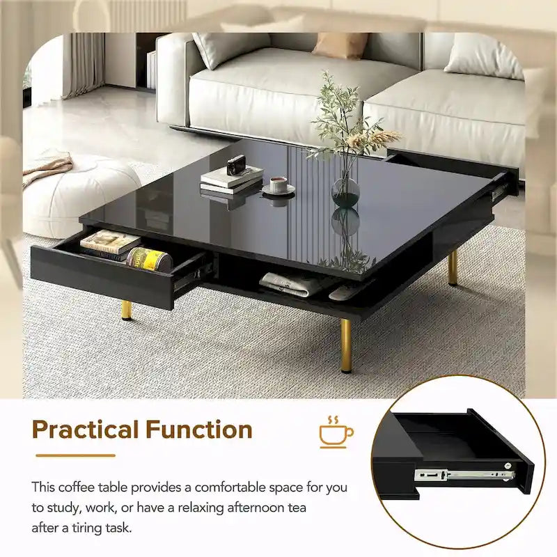 Square High Gloss Coffee Table with 2 Drawers & Gold Legs