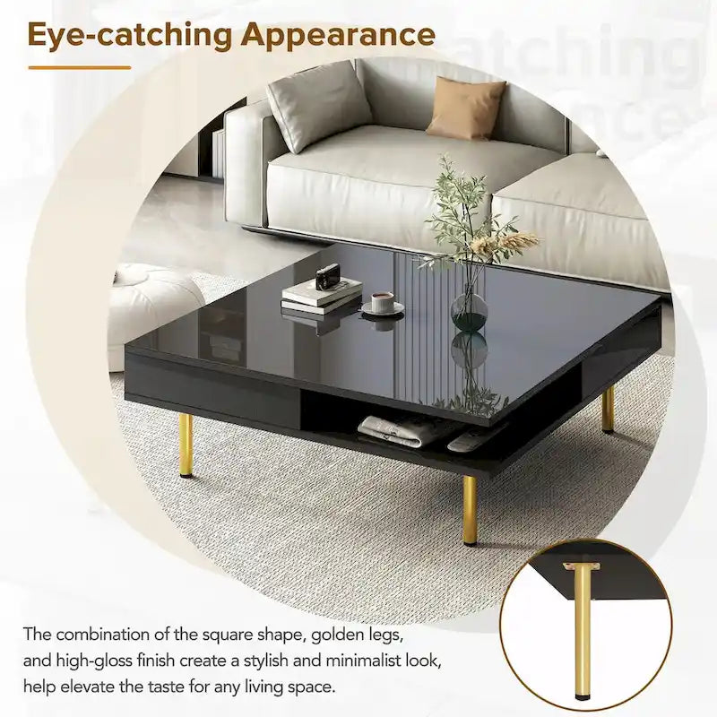 Square High Gloss Coffee Table with 2 Drawers & Gold Legs