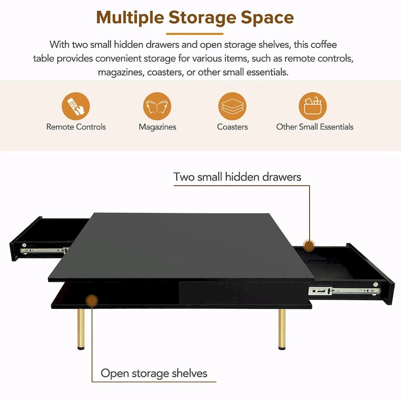Square High Gloss Coffee Table with 2 Drawers & Gold Legs