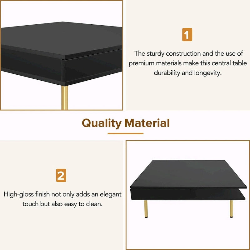 Square High Gloss Coffee Table with 2 Drawers & Gold Legs