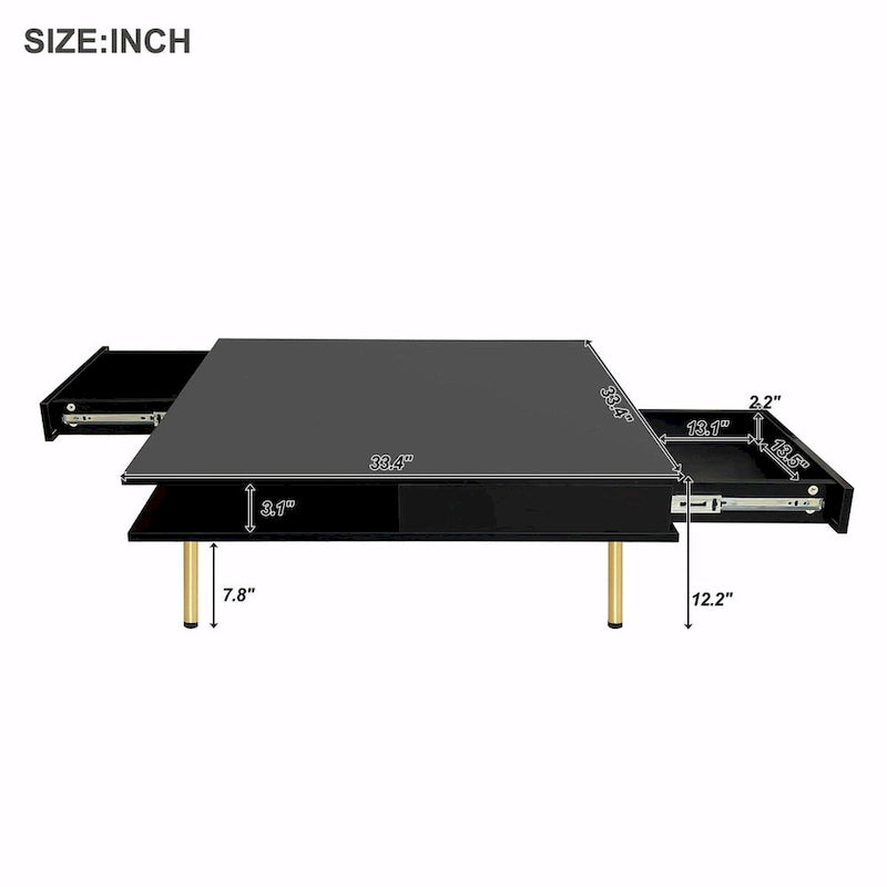 Square High Gloss Coffee Table with 2 Drawers & Gold Legs