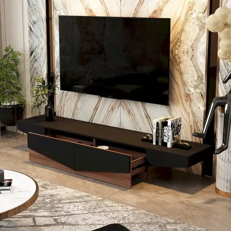 78.7" Black & White Geometric TV Cabinet Entertainment Center with 2 Drawers