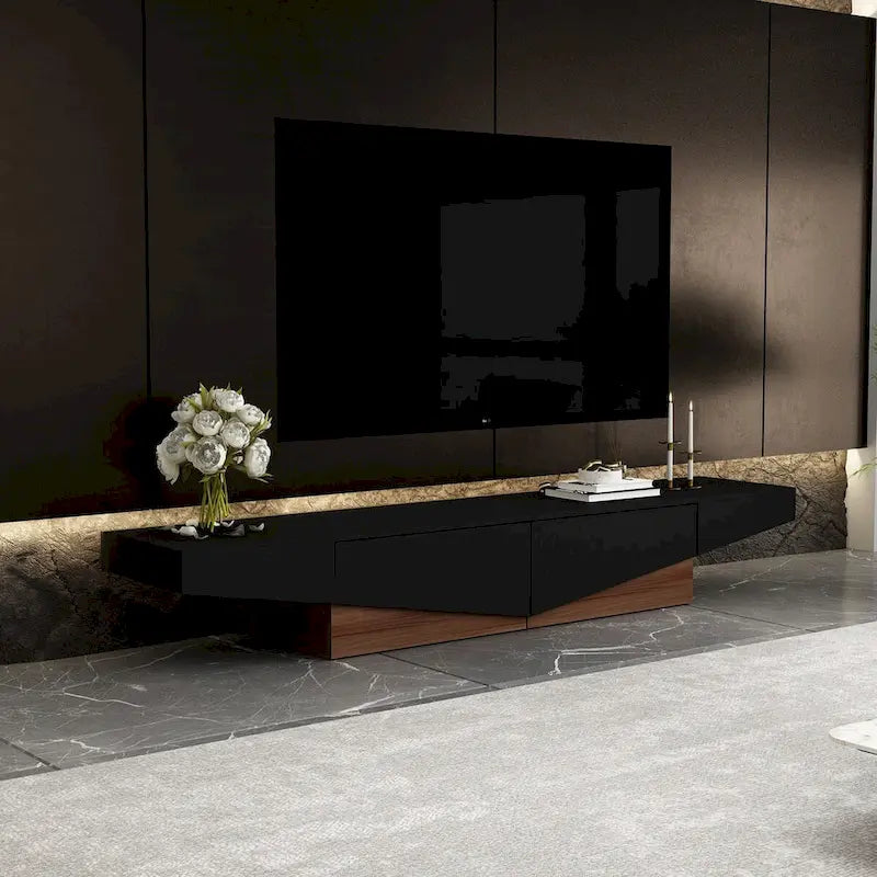 78.7" Black & White Geometric TV Cabinet Entertainment Center with 2 Drawers