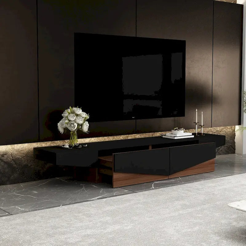 78.7" Black & White Geometric TV Cabinet Entertainment Center with 2 Drawers