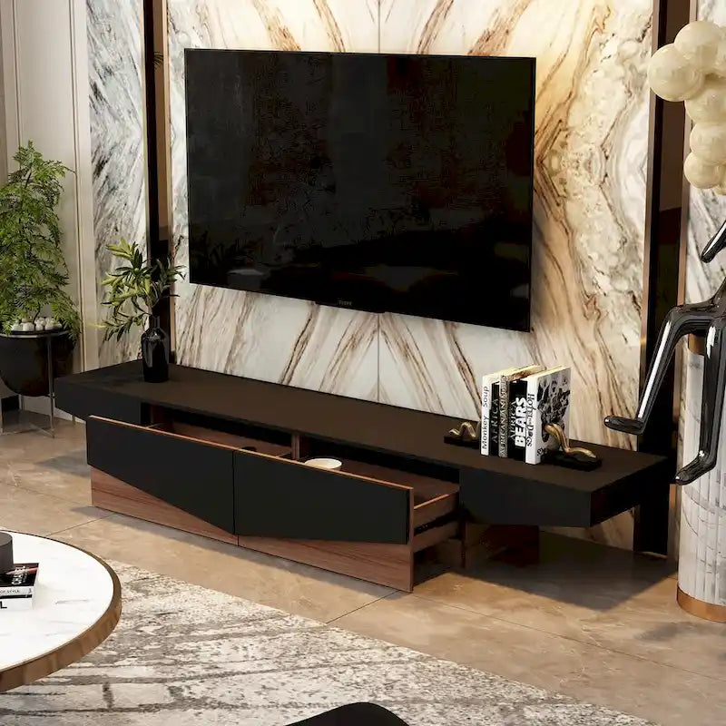 78.7" Black & White Geometric TV Cabinet Entertainment Center with 2 Drawers