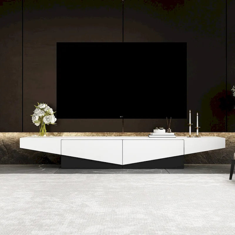 78.7" Black & White Geometric TV Cabinet Entertainment Center with 2 Drawers