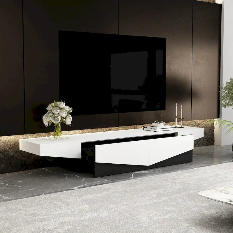 78.7" Black & White Geometric TV Cabinet Entertainment Center with 2 Drawers